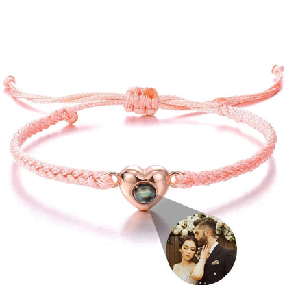 Photo Projection Rope Bracelet, Heart Charm Picture Jewelry, Adjustable Gift for Her