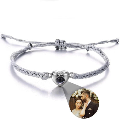 Photo Projection Rope Bracelet, Heart Charm Picture Jewelry, Adjustable Gift for Her