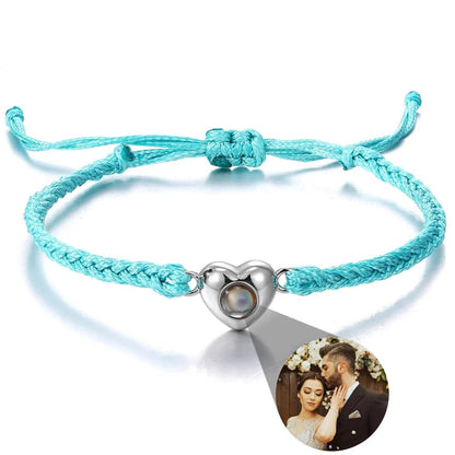 Photo Projection Rope Bracelet, Heart Charm Picture Jewelry, Adjustable Gift for Her
