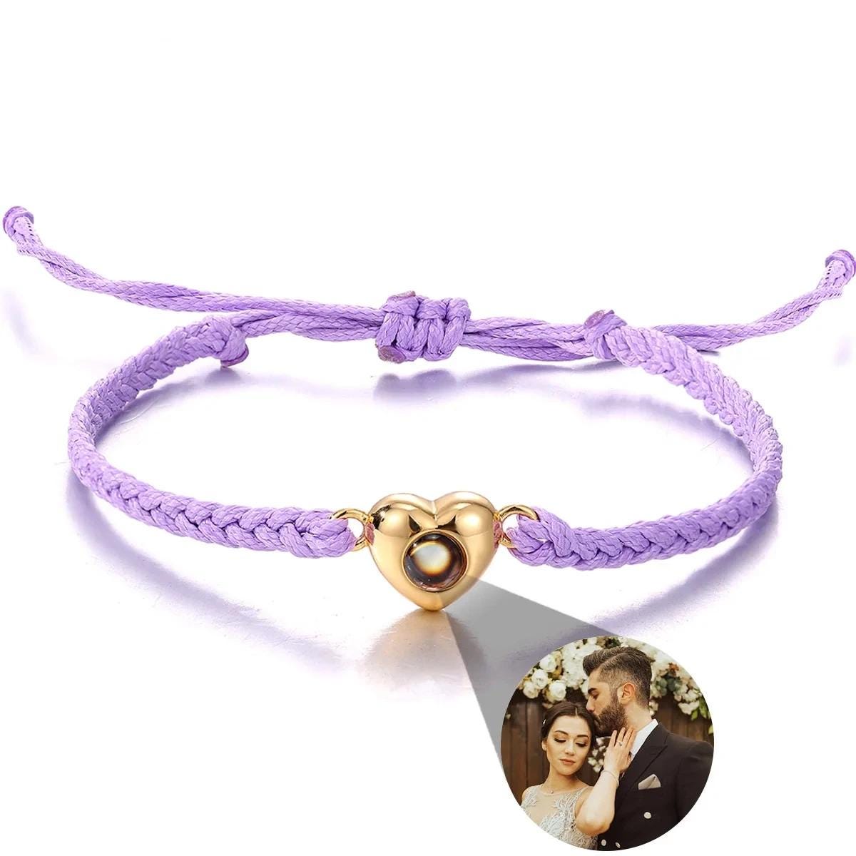 Photo Projection Rope Bracelet, Heart Charm Picture Jewelry, Adjustable Gift for Her
