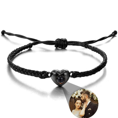 Photo Projection Rope Bracelet, Heart Charm Picture Jewelry, Adjustable Gift for Her
