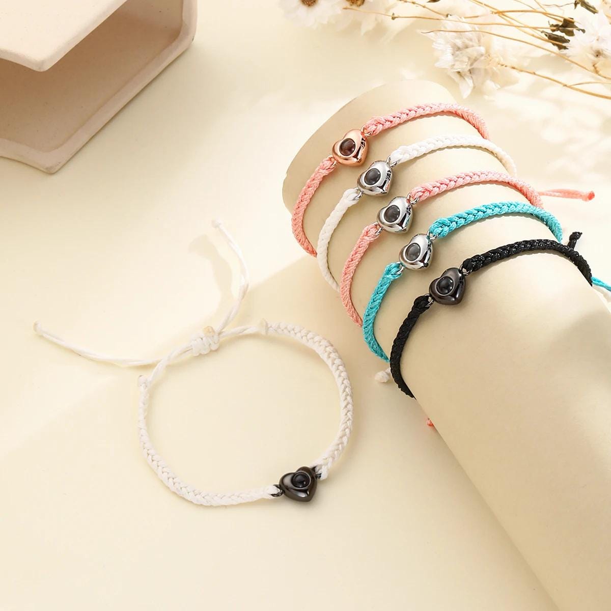 Photo Projection Rope Bracelet, Heart Charm Picture Jewelry, Adjustable Gift for Her