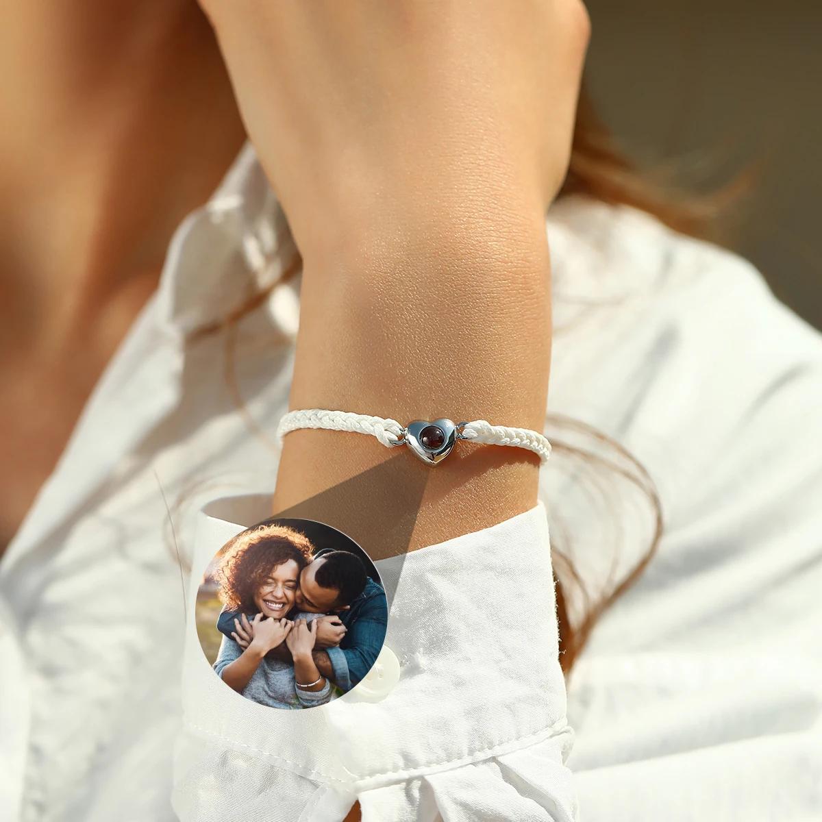 Photo Projection Rope Bracelet, Heart Charm Picture Jewelry, Adjustable Gift for Her