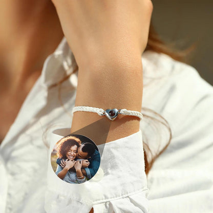 Photo Projection Rope Bracelet, Heart Charm Picture Jewelry, Adjustable Gift for Her