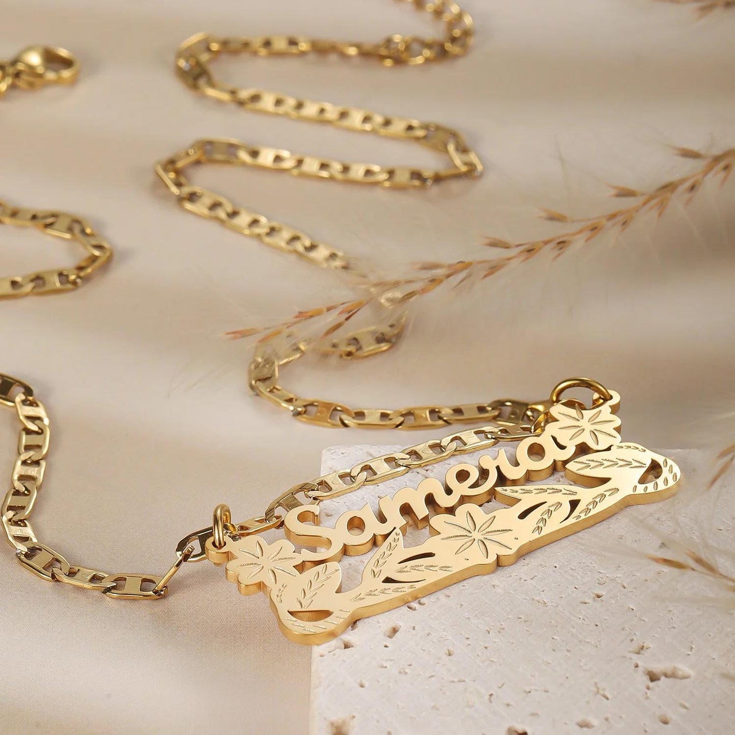 Custom Double Plated Name Necklace: Stainless Steel Figaro Chain