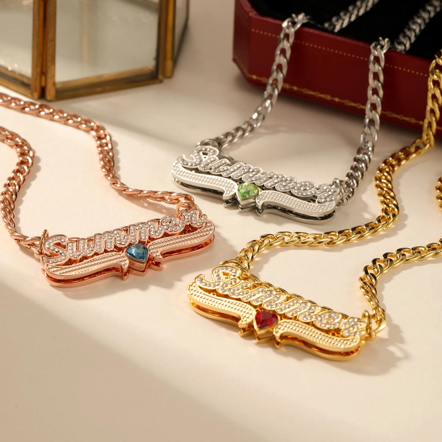Double Plated Name Necklace: Custom Birthstone Nameplate, Cubic Zirconia