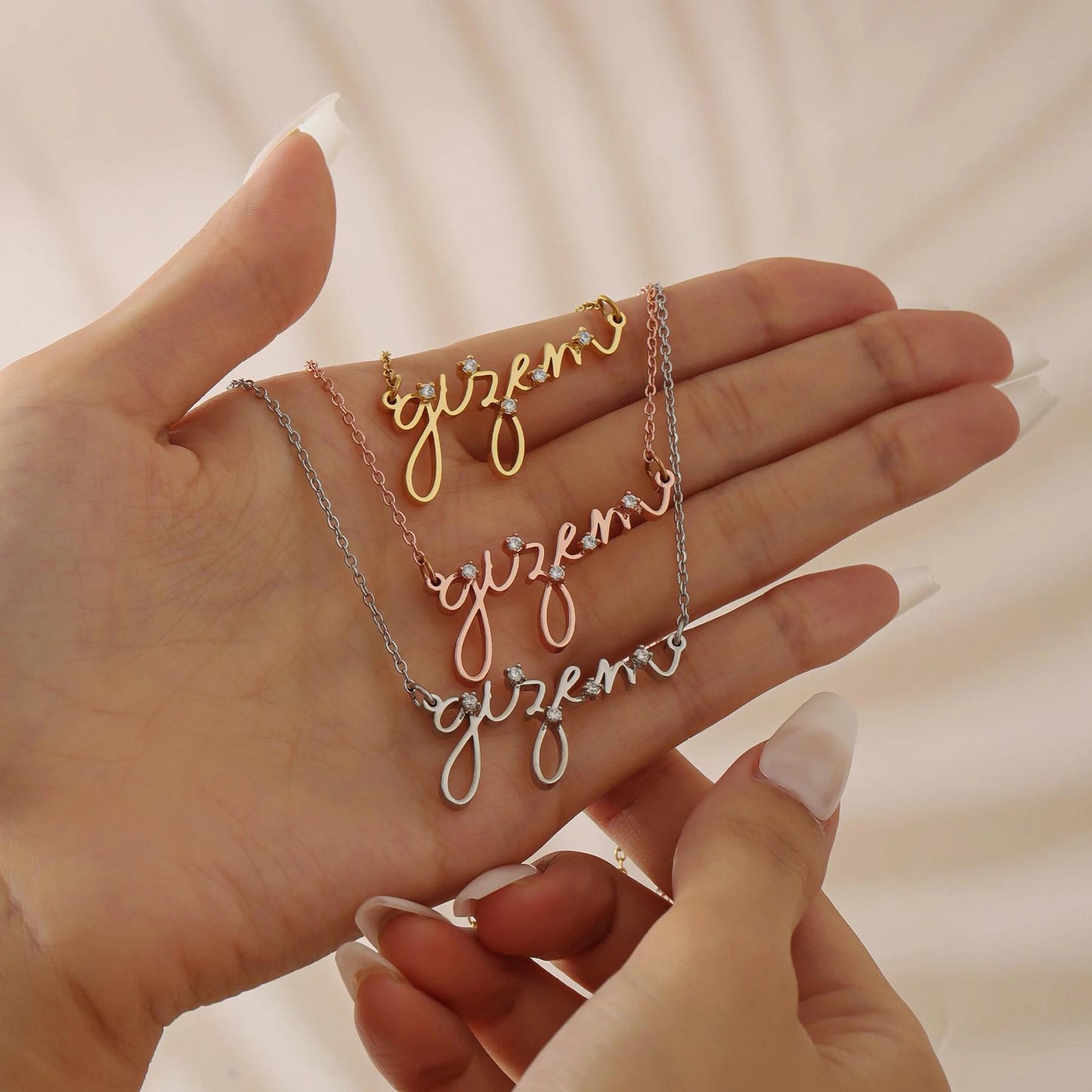 Handwriting Name Necklace Stainless Steel with CZ Accents, Gold Silver or Rose Gold Finish