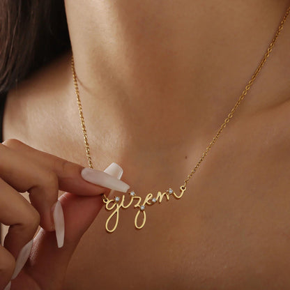 Handwriting Name Necklace Stainless Steel with CZ Accents, Gold Silver or Rose Gold Finish