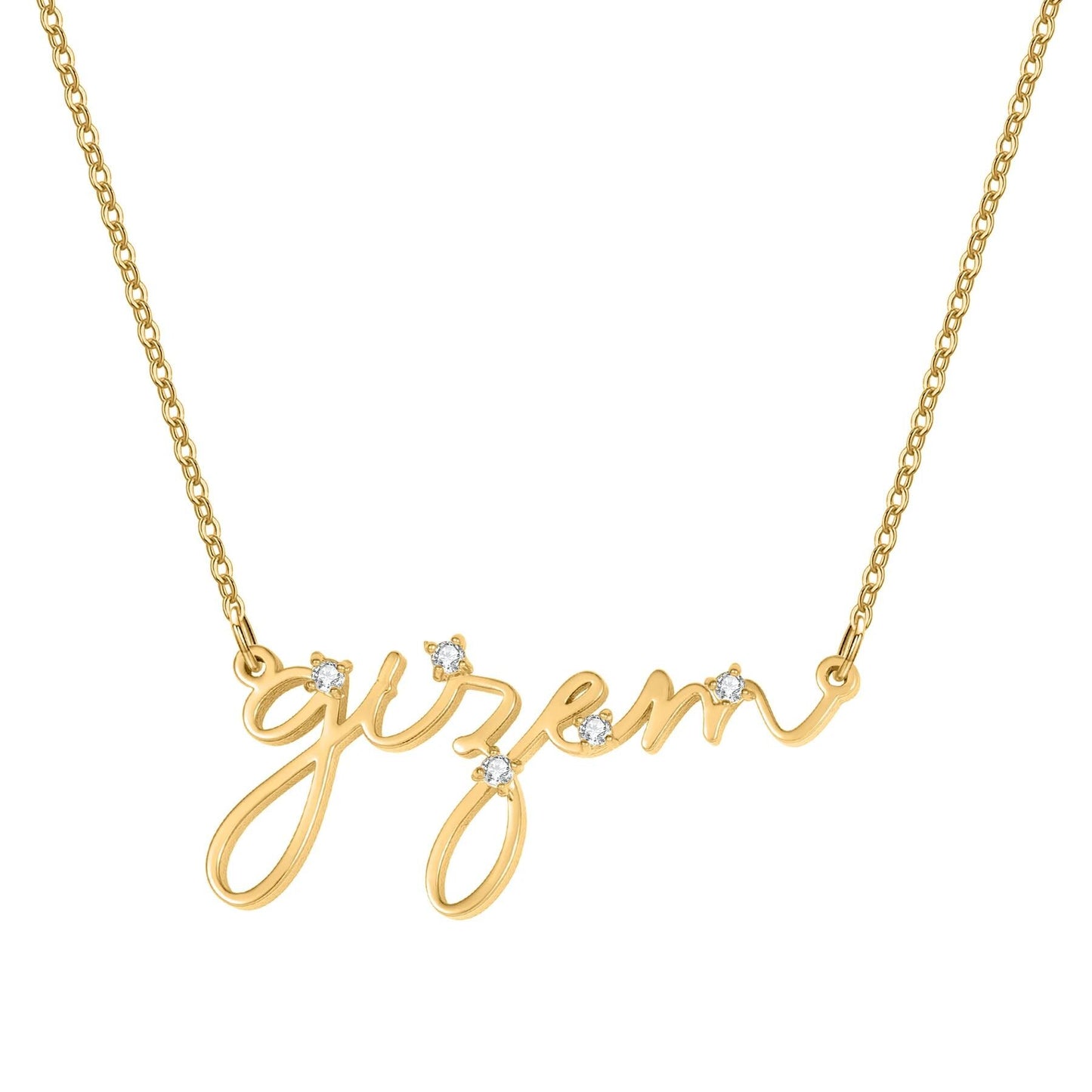Handwriting Name Necklace Stainless Steel with CZ Accents, Gold Silver or Rose Gold Finish