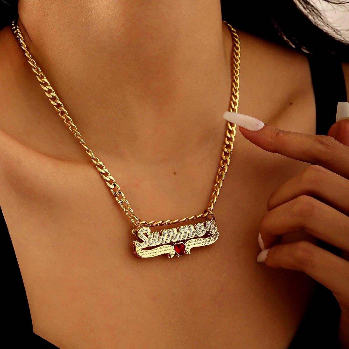 Double Plated Name Necklace: Custom Birthstone Nameplate, Cubic Zirconia