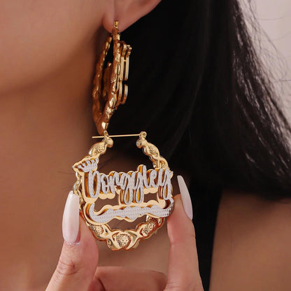 Custom XOXO Name Bamboo Hoop Earrings: Personalized Two-Tone Statement, Gold Silver or Rose Gold