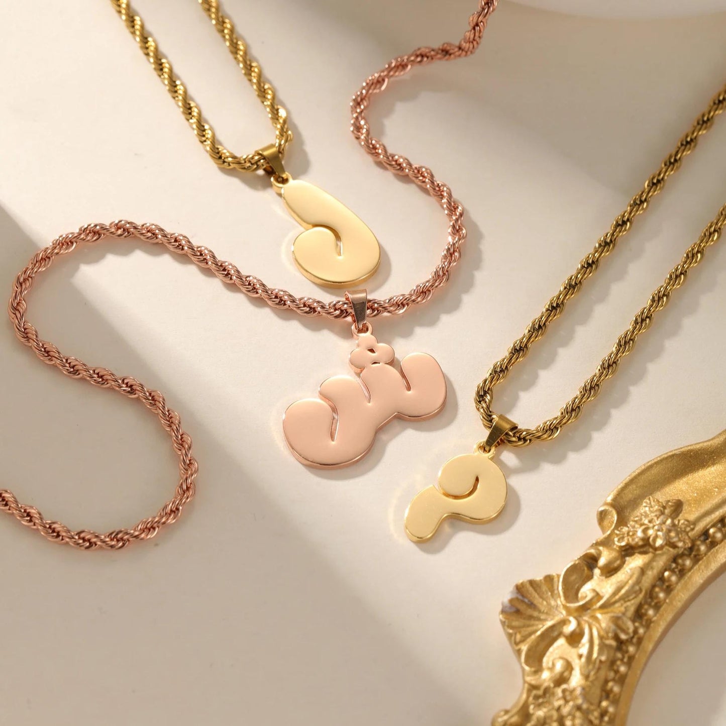 Custom Arabic Initial Necklace: Bubble Letter, Rope Chain
