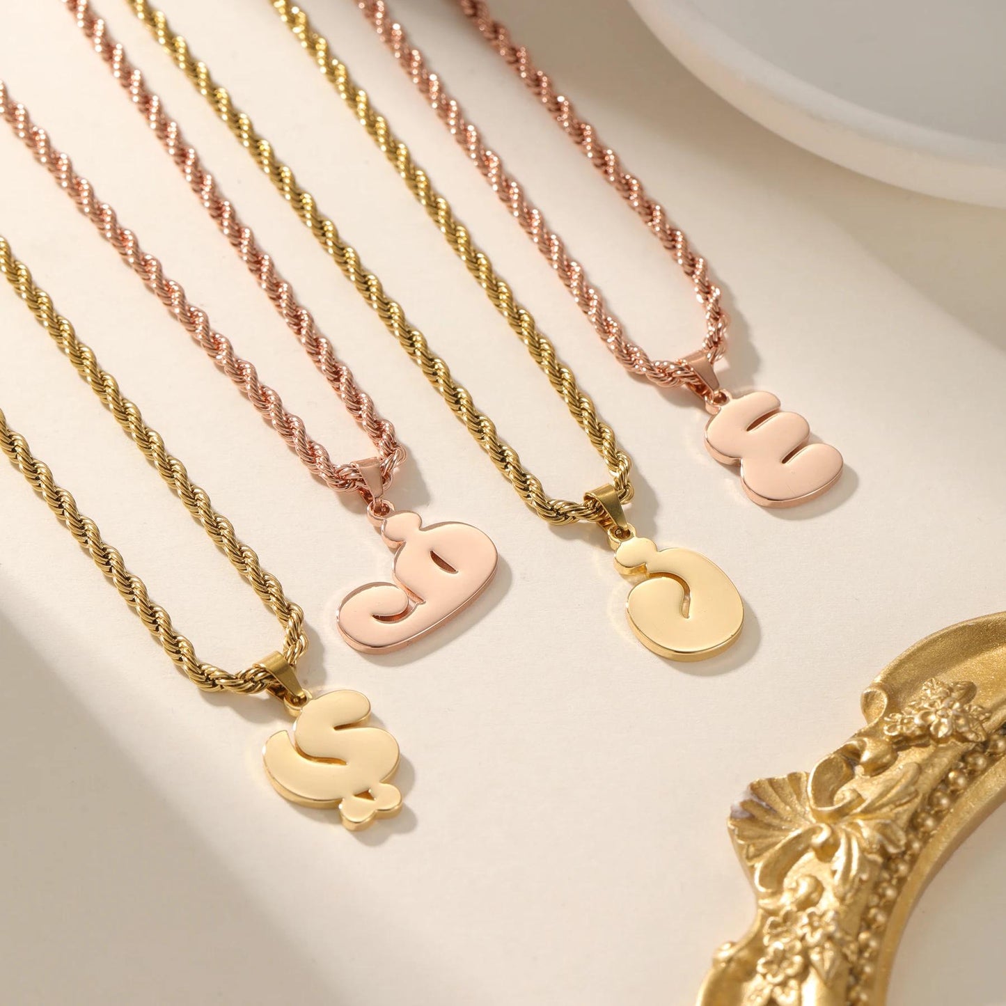 Custom Arabic Initial Necklace: Bubble Letter, Rope Chain