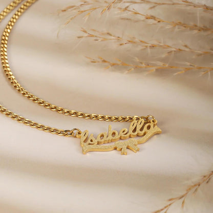 Name Necklace Gold Stainless Steel: Frosted Script Pendant with Bow