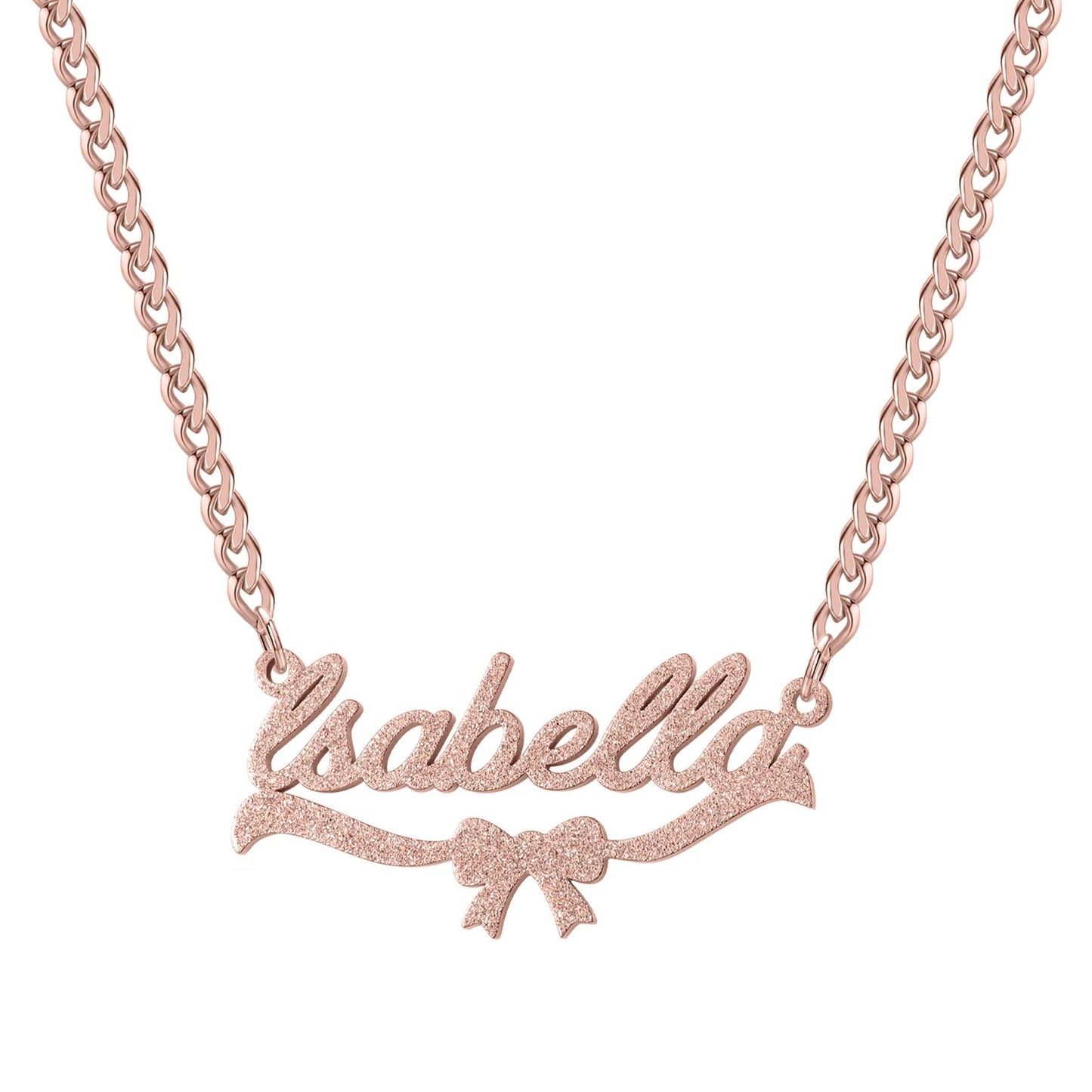 Name Necklace Gold Stainless Steel: Frosted Script Pendant with Bow