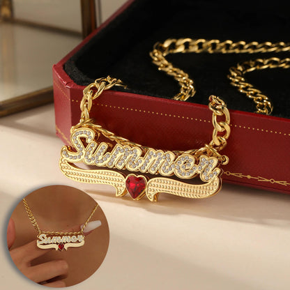 Double Plated Name Necklace: Custom Birthstone Nameplate, Cubic Zirconia