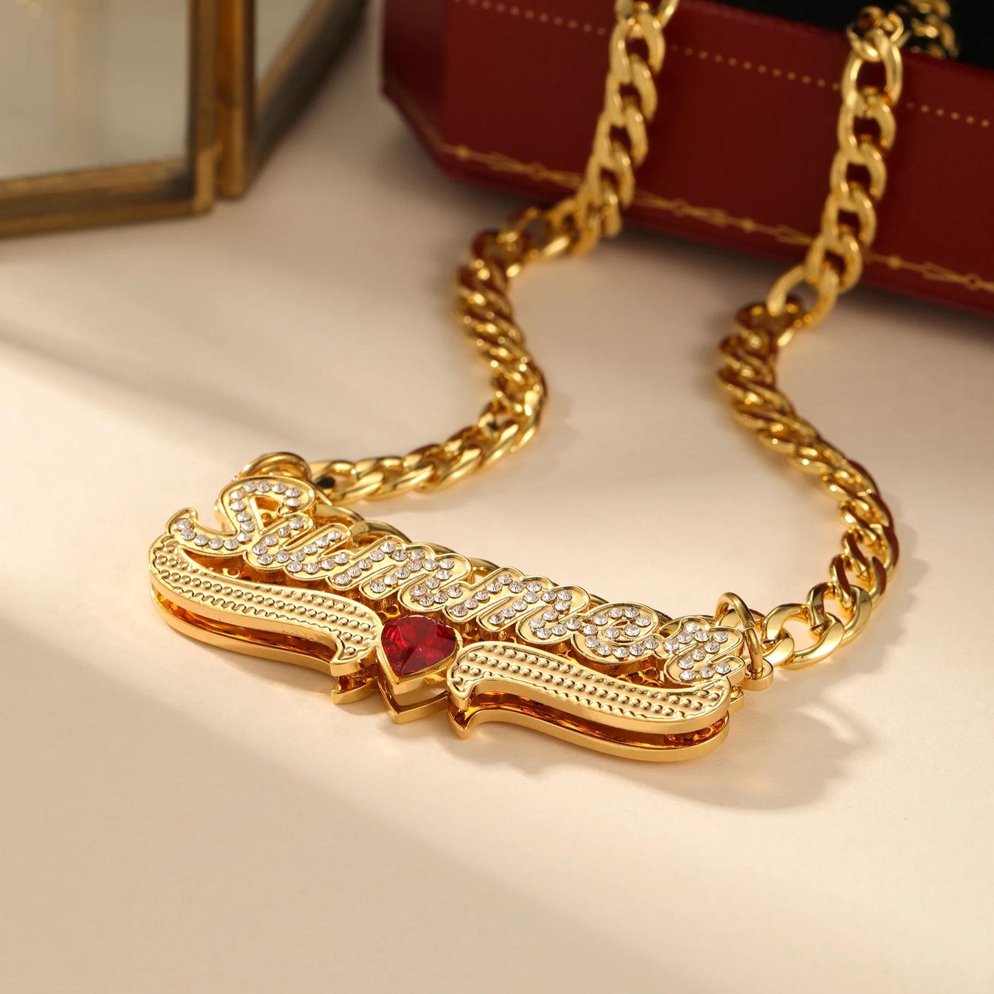 Double Plated Name Necklace: Custom Birthstone Nameplate, Cubic Zirconia