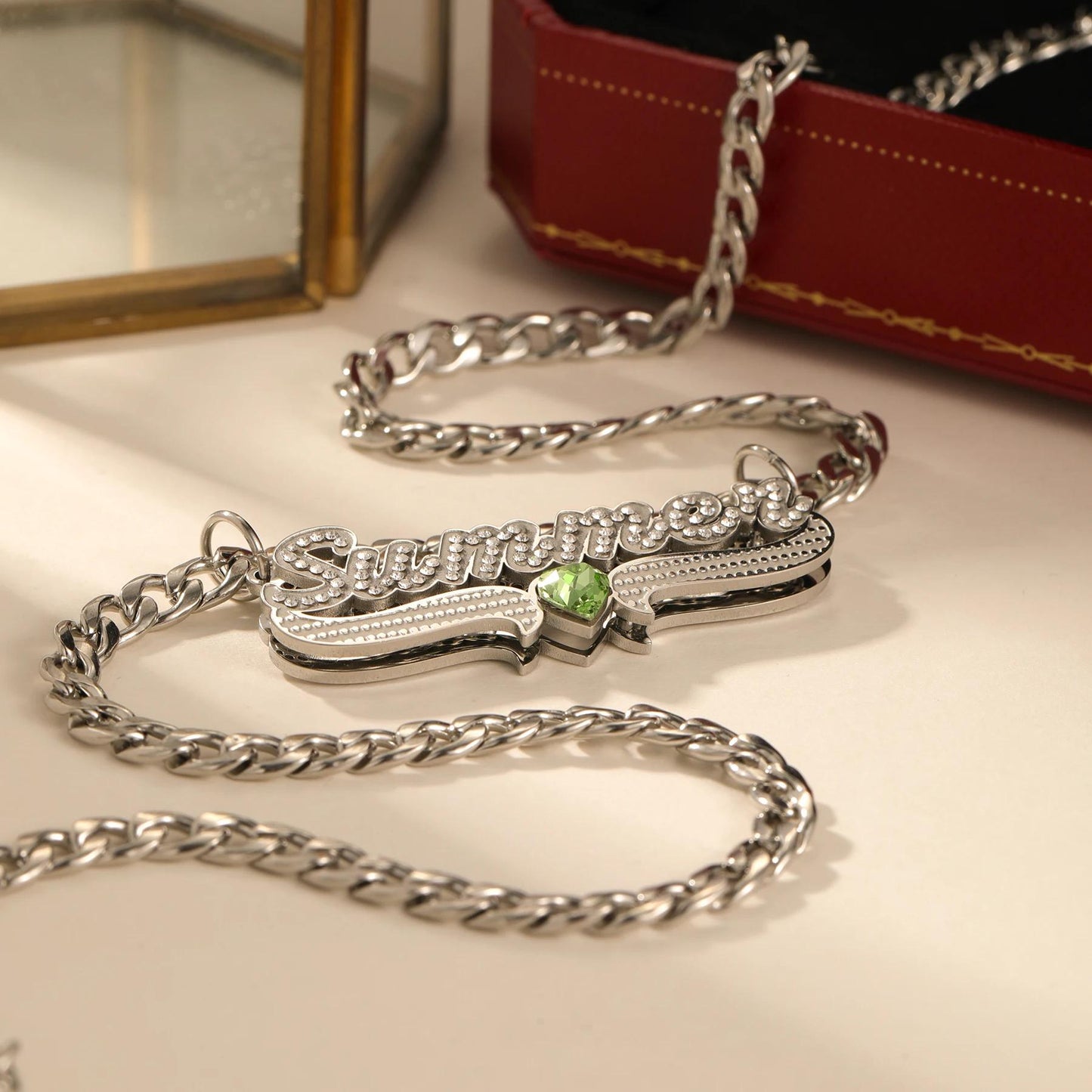 Double Plated Name Necklace: Custom Birthstone Nameplate, Cubic Zirconia