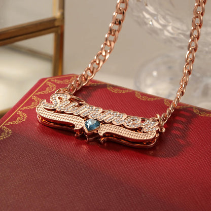 Double Plated Name Necklace: Custom Birthstone Nameplate, Cubic Zirconia