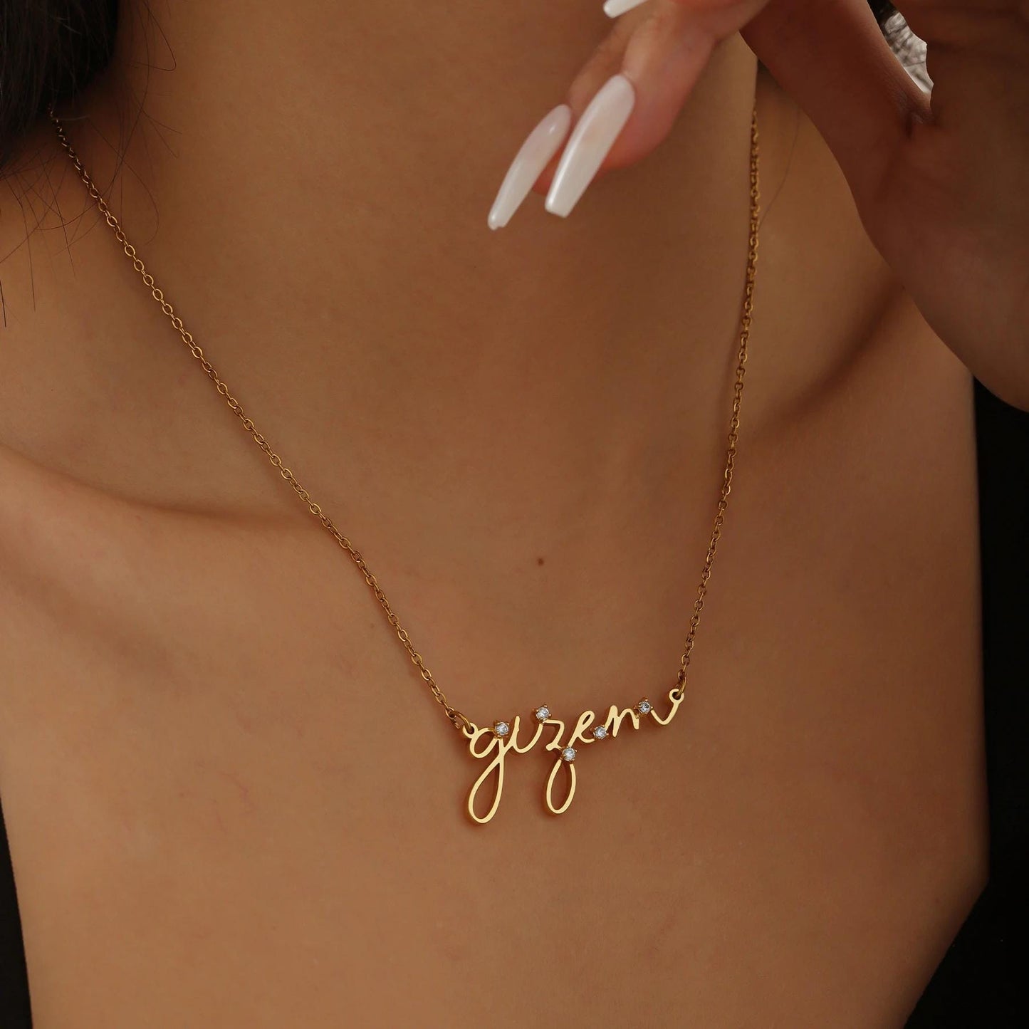 Handwriting Name Necklace Stainless Steel with CZ Accents, Gold Silver or Rose Gold Finish
