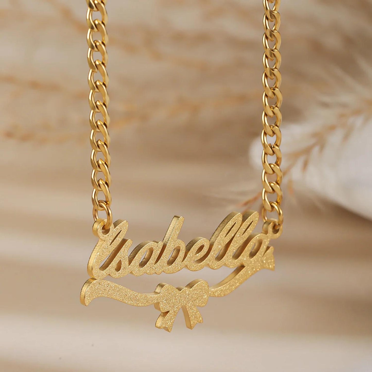 Name Necklace Gold Stainless Steel: Frosted Script Pendant with Bow