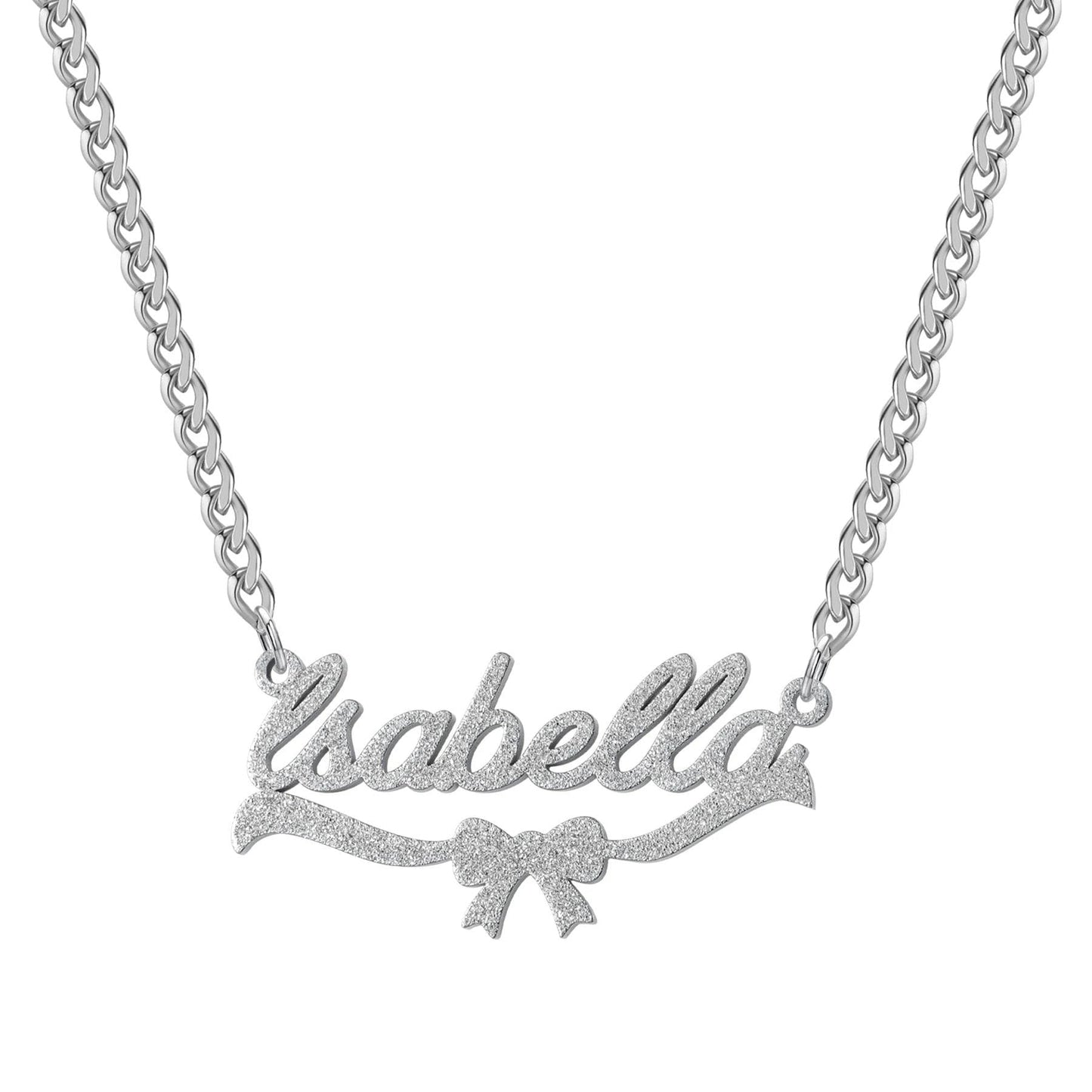 Name Necklace Gold Stainless Steel: Frosted Script Pendant with Bow