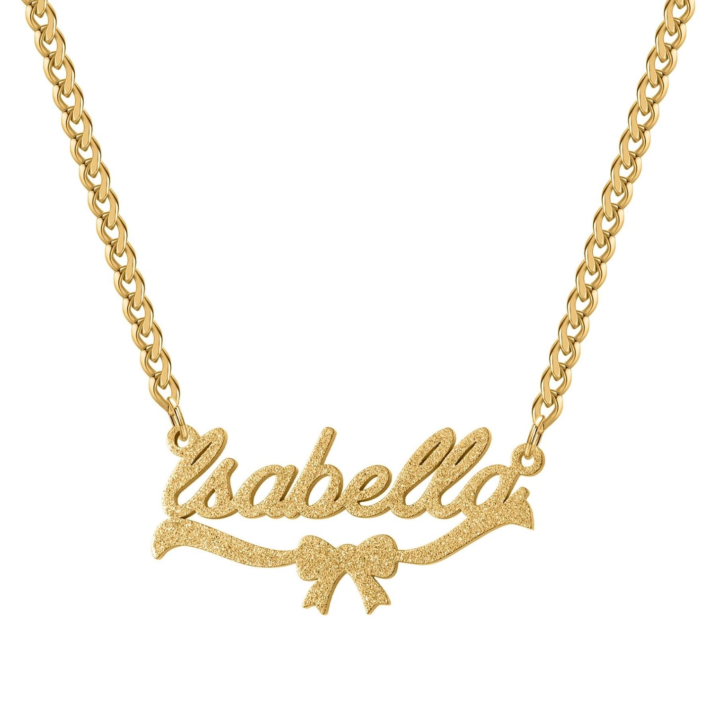 Name Necklace Gold Stainless Steel: Frosted Script Pendant with Bow