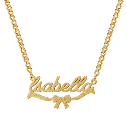 Name Necklace Gold Stainless Steel: Frosted Script Pendant with Bow