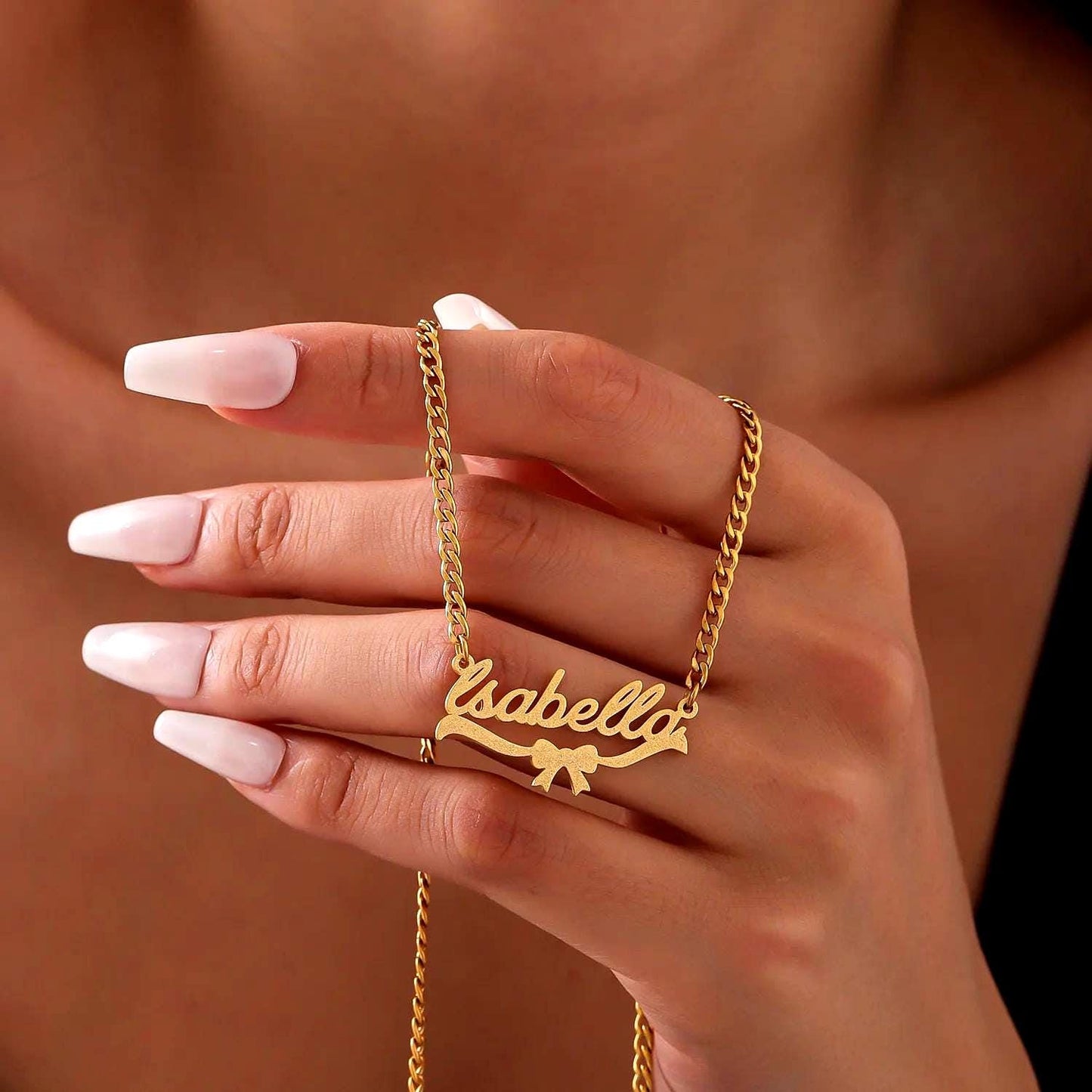 Name Necklace Gold Stainless Steel: Frosted Script Pendant with Bow