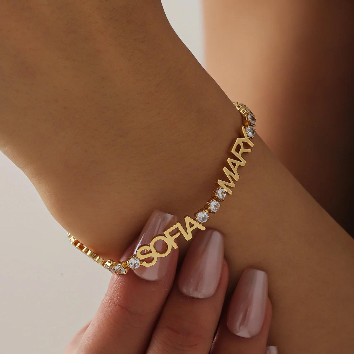 Personalized Name Bracelet: Gold Bracelet with CZ Stones Accents
