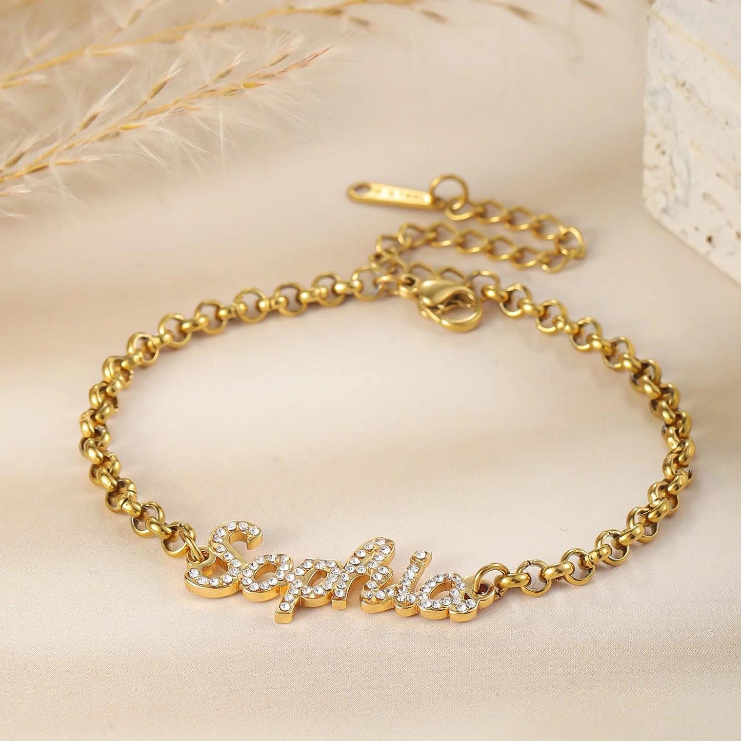Personalized Name Bracelet: Gold Bracelet with CZ Stones Accents