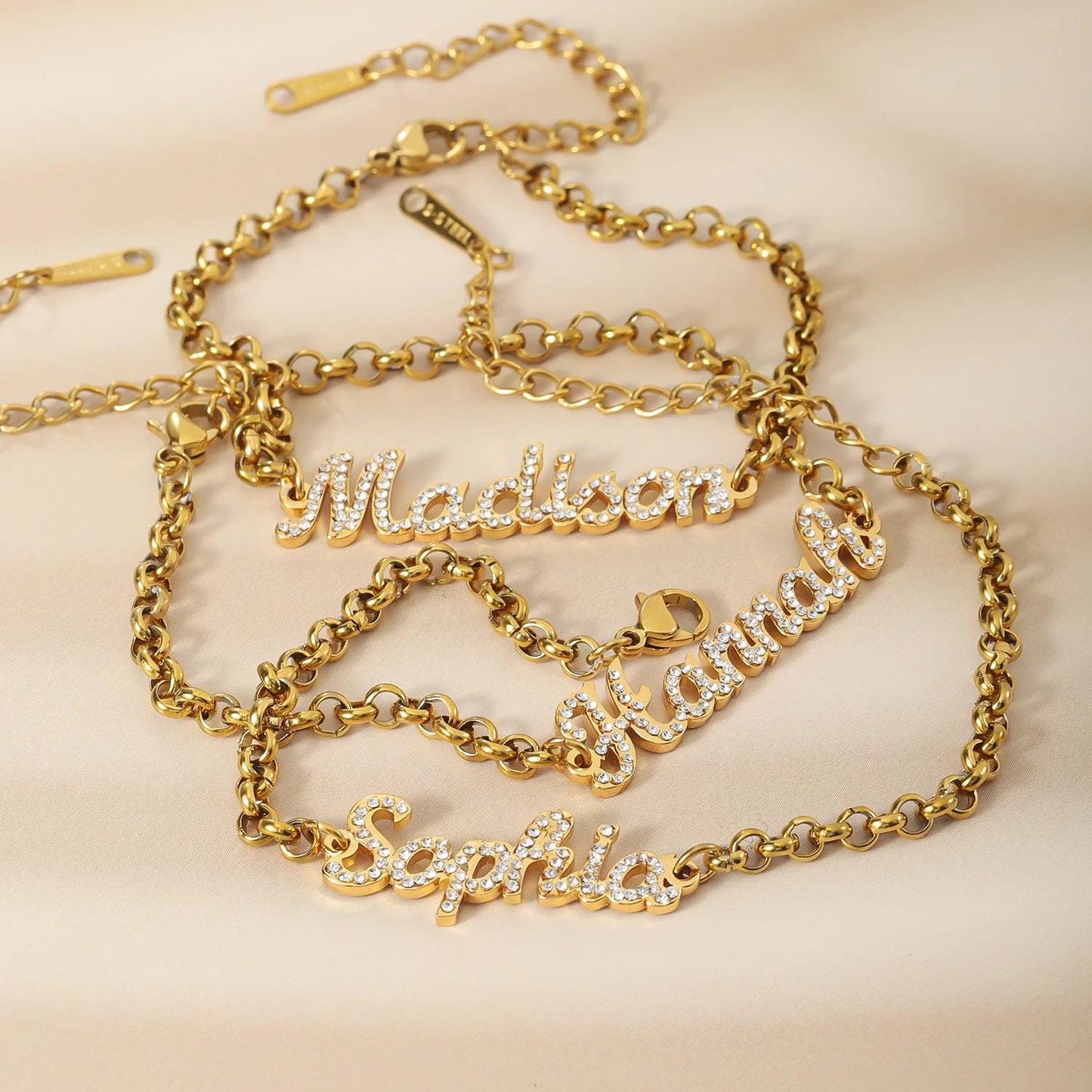 Custom CZ Name Bracelet: Personalized Script Bracelet in Gold