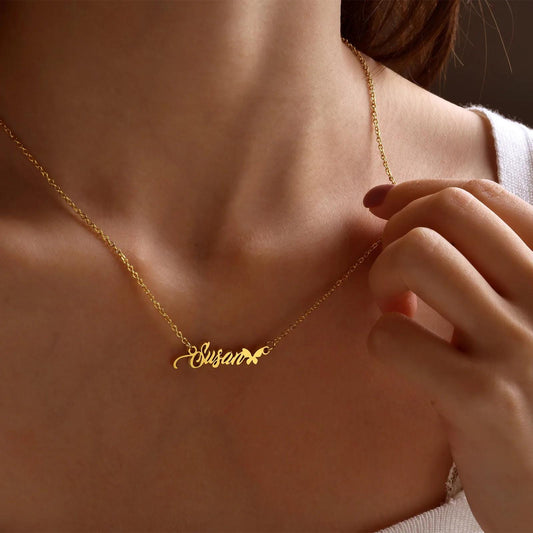 Personalized Script Name Necklace: Classic Custom Jewelry with Butterfly Accent