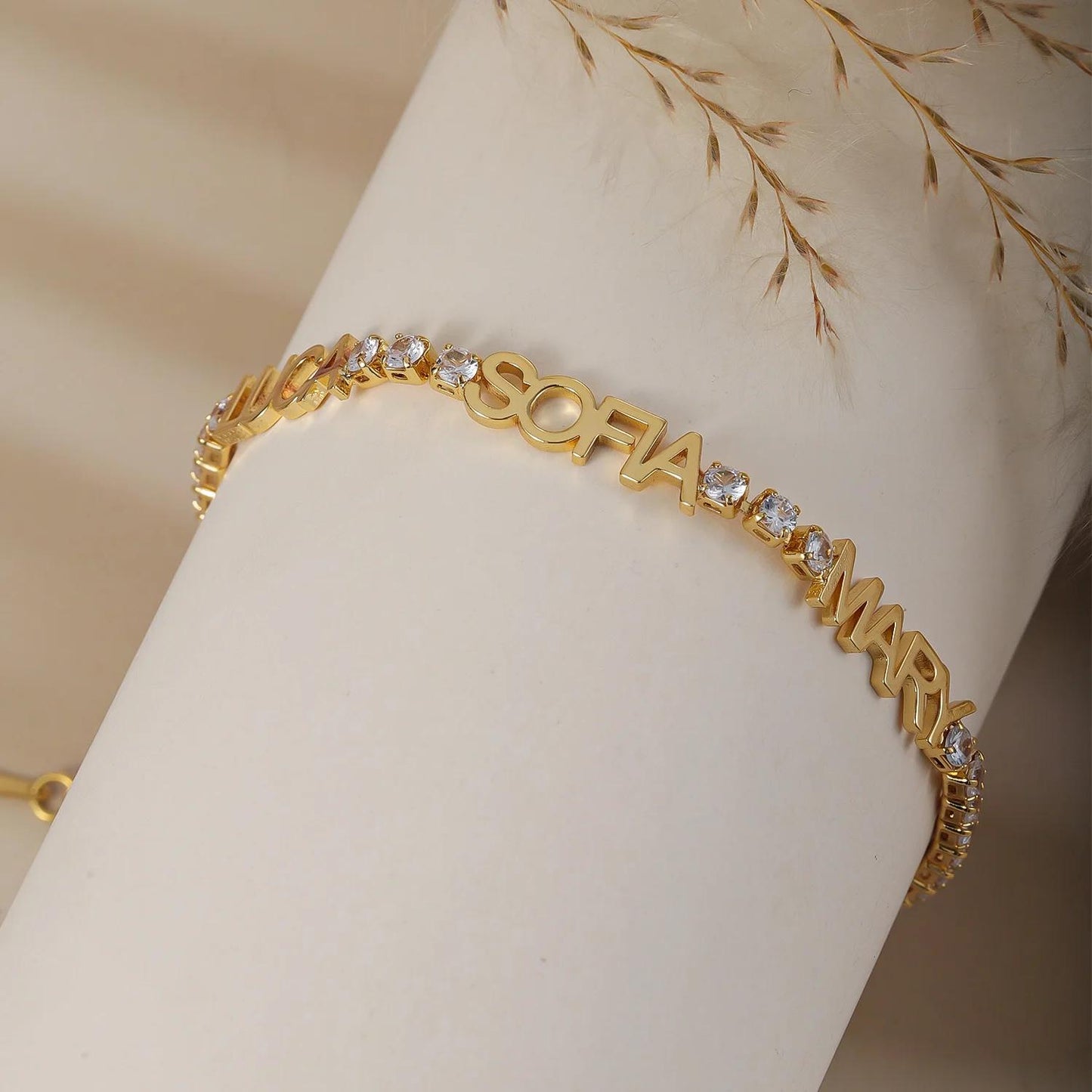 Personalized Name Bracelet: Gold Bracelet with CZ Stones Accents