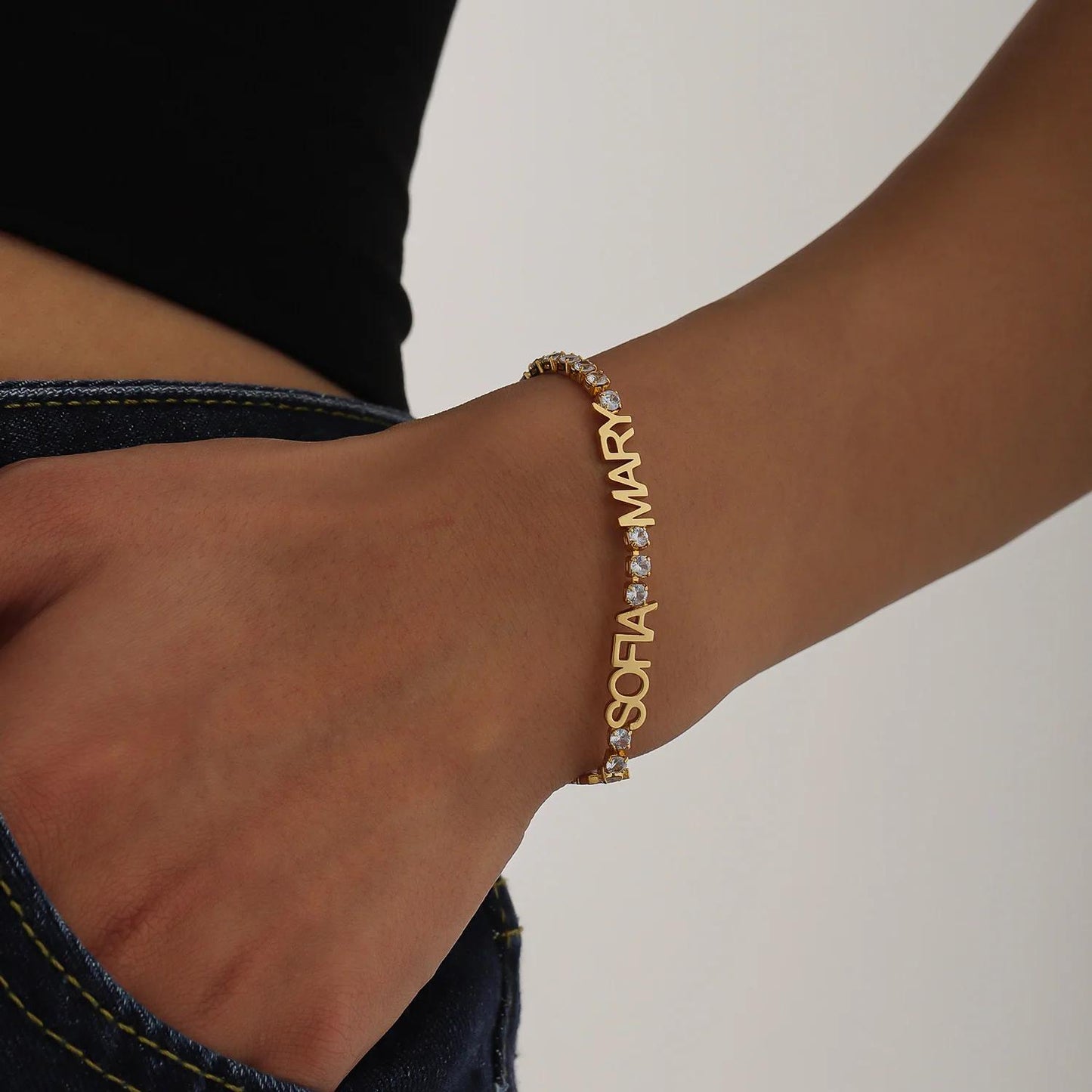 Personalized Name Bracelet: Gold Bracelet with CZ Stones Accents