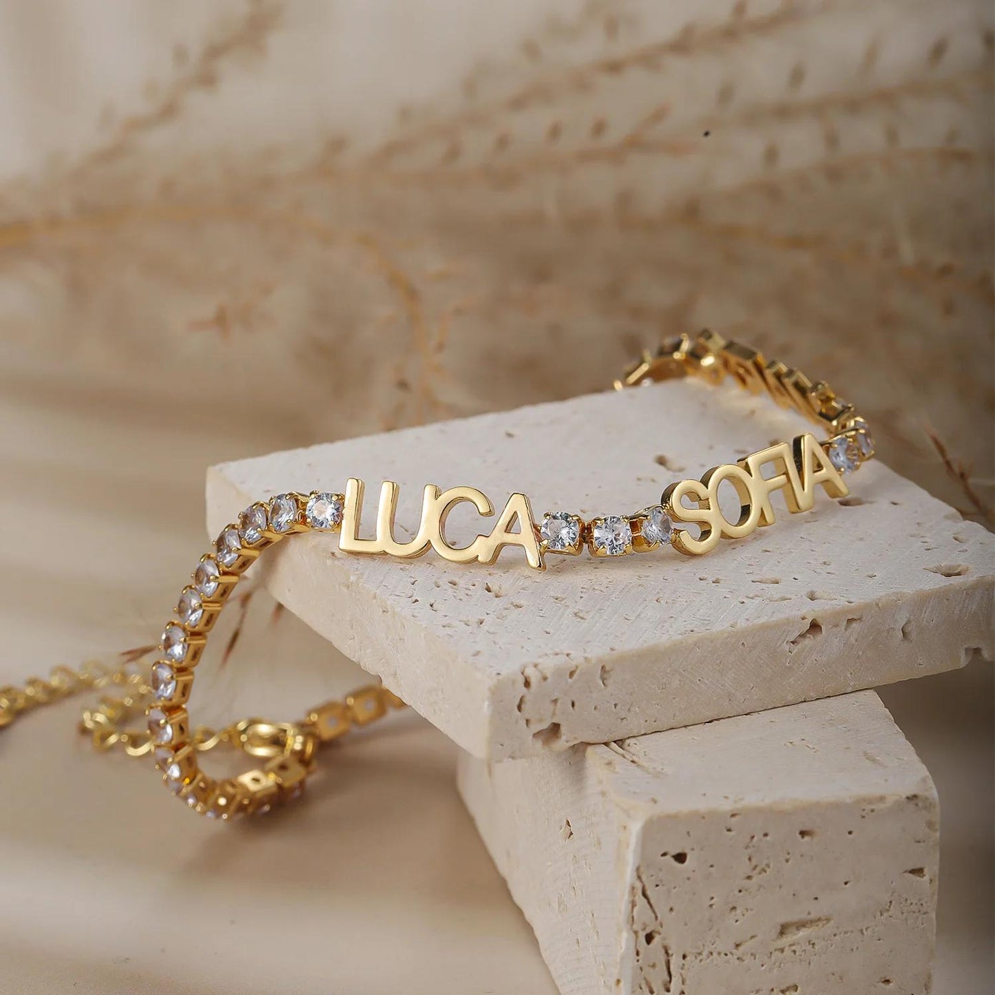 Personalized Name Bracelet: Gold Bracelet with CZ Stones Accents