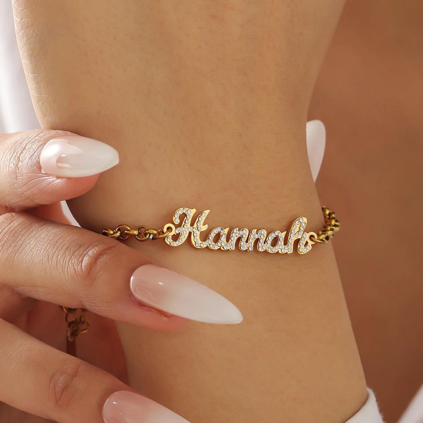 Personalized Name Bracelet: Gold Bracelet with CZ Stones Accents