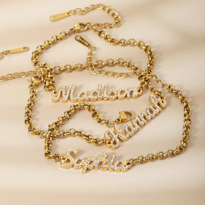 Personalized Name Bracelet: Gold Bracelet with CZ Stones Accents