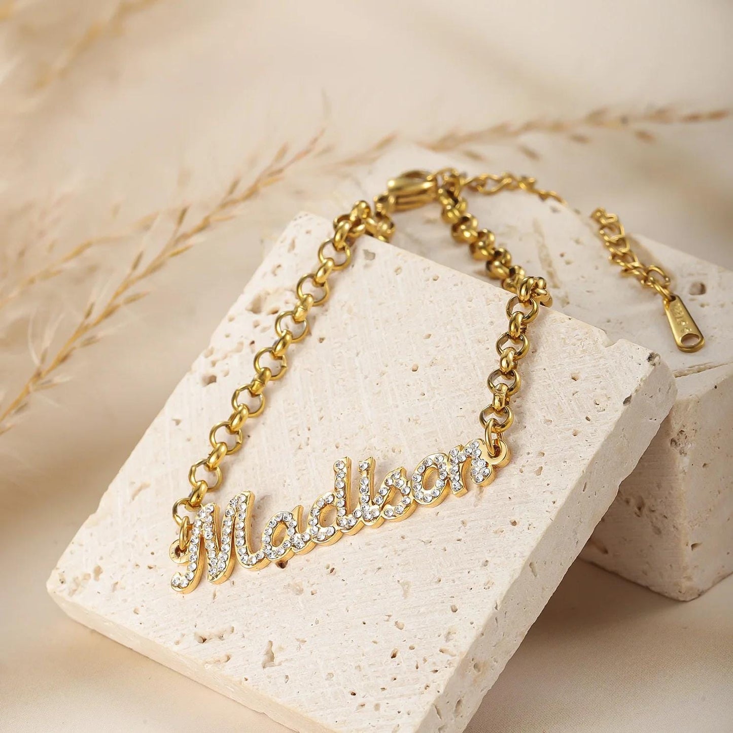 Custom CZ Name Bracelet: Personalized Script Bracelet in Gold