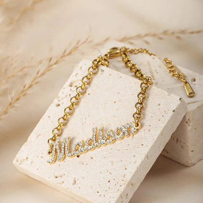 Custom CZ Name Bracelet: Personalized Script Bracelet in Gold