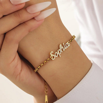 Custom CZ Name Bracelet: Personalized Script Bracelet in Gold