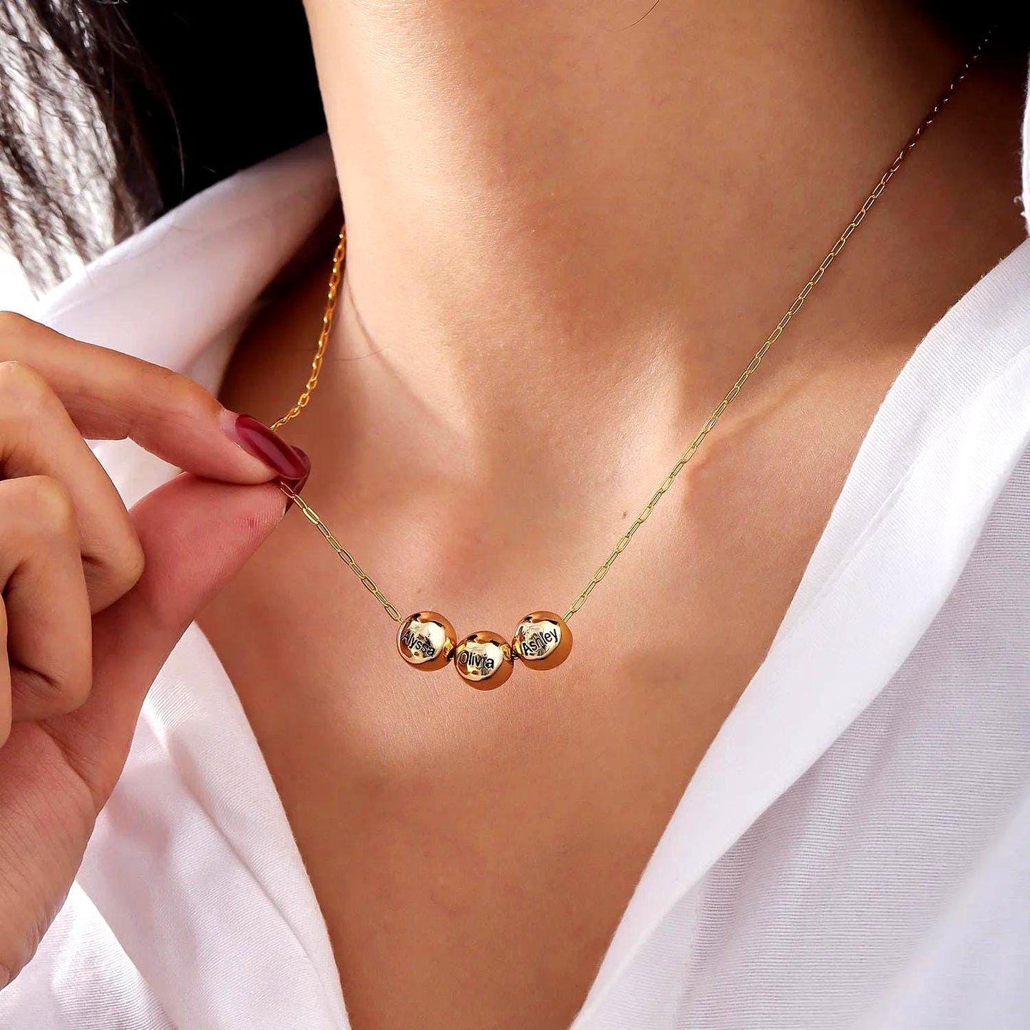 Engraved Name Bead Necklace: Personalized Family Jewelry Gift