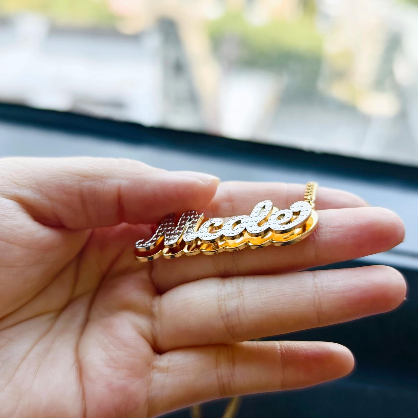 Custom Name Necklace: Textured Nameplate, Double Plated, Waterproof Jewelry