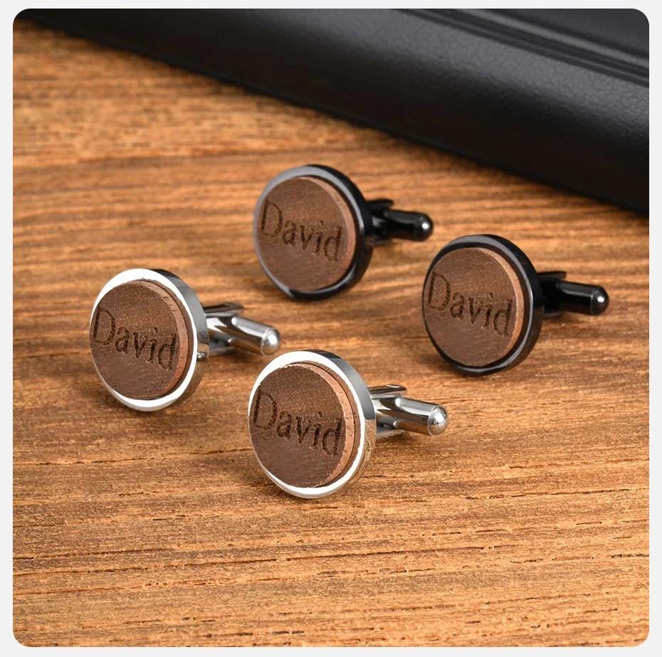 Engraved Wood Cufflinks: Custom Black or Silver Name Cufflinks, Gifts for Groomsmen
