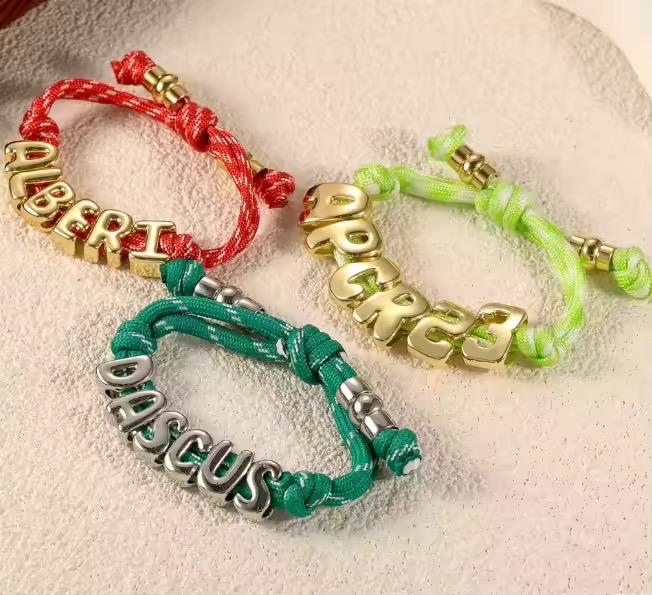 Personalized Bracelet: Bubble Letter Charm, 1-6 letters, Adjustable Rope Bracelet