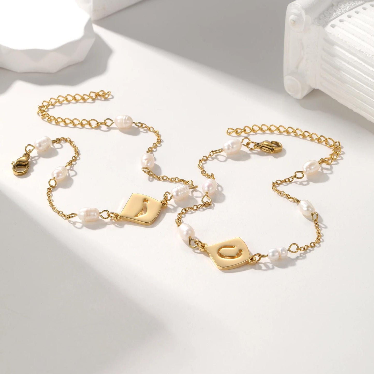 Personalized Arabic Initial Bracelet with Pearls: Gold, Silver, Rose Gold Stainless Steel