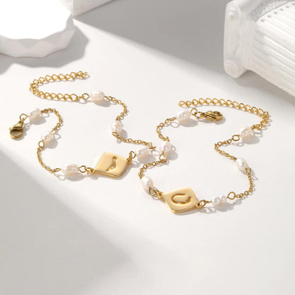 Personalized Arabic Initial Bracelet with Pearls: Gold, Silver, Rose Gold Stainless Steel