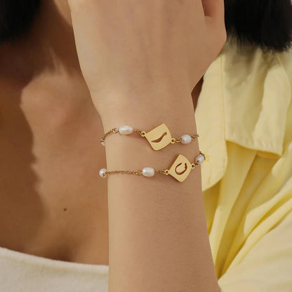 Personalized Arabic Initial Bracelet with Pearls: Gold, Silver, Rose Gold Stainless Steel