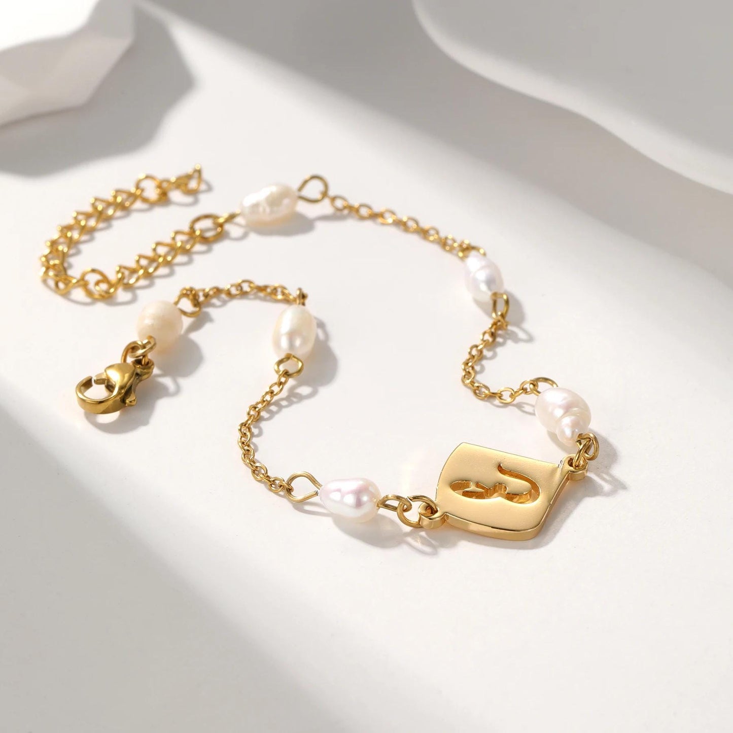 Personalized Arabic Initial Bracelet with Pearls: Gold, Silver, Rose Gold Stainless Steel