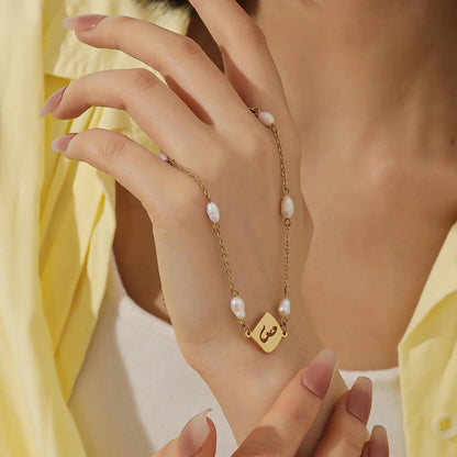 Personalized Arabic Initial Bracelet with Pearls: Gold, Silver, Rose Gold Stainless Steel